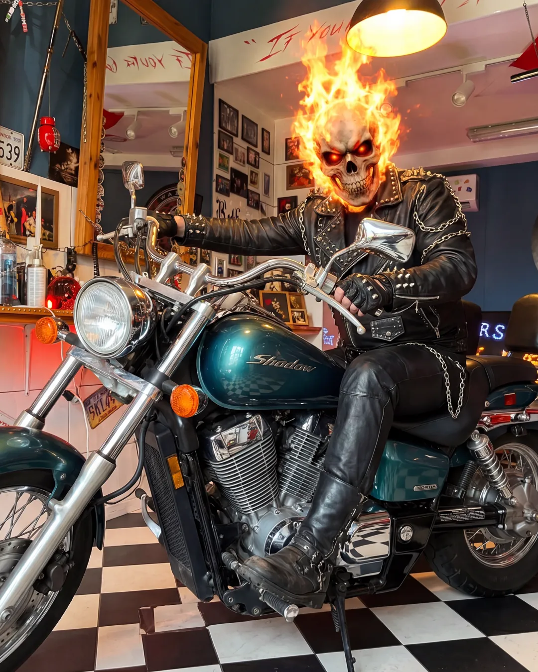 Ghost Rider na motocyklu w salonie