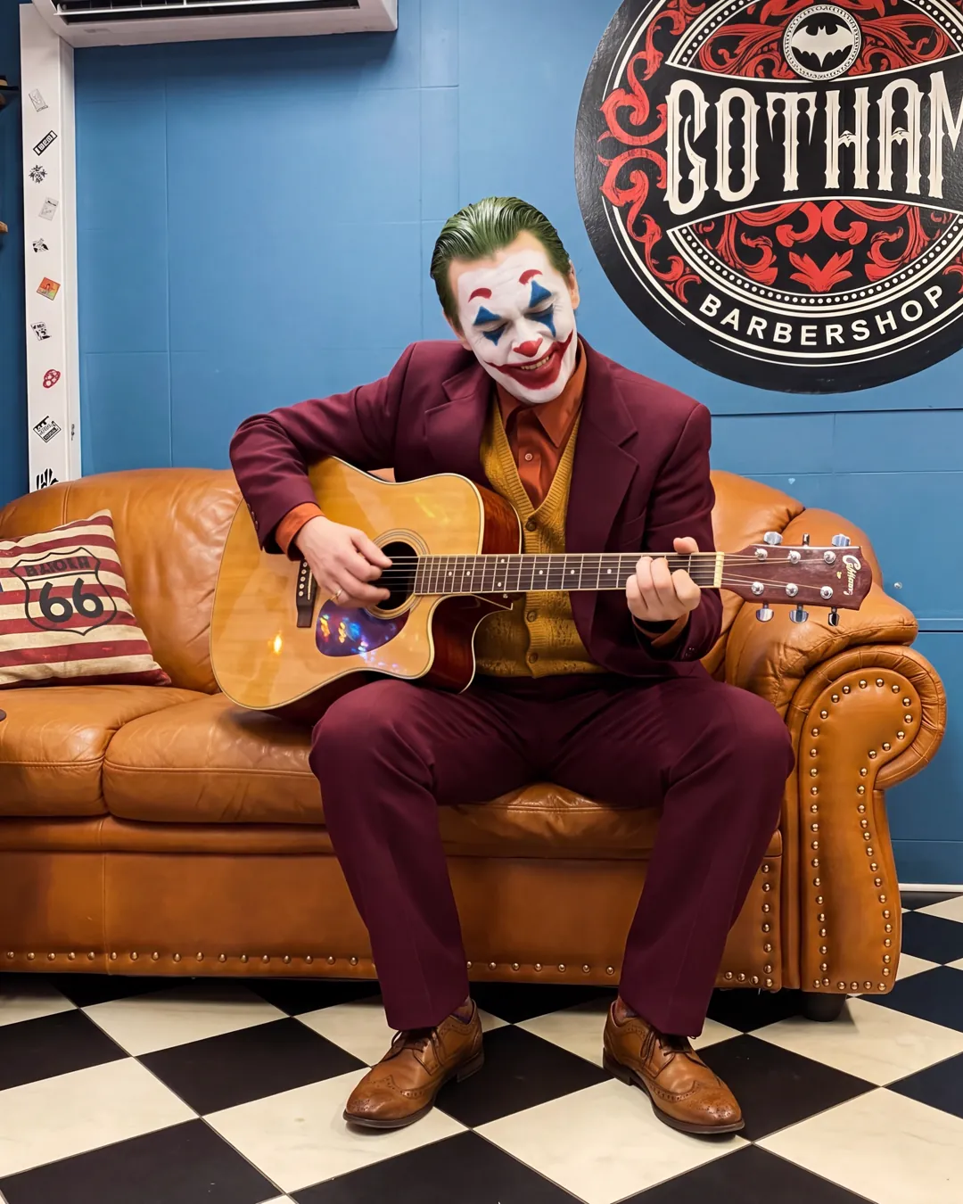 Joker z gitarą na Chesterfield